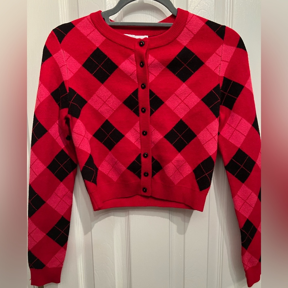 Zara Red and Black argyle cardigan